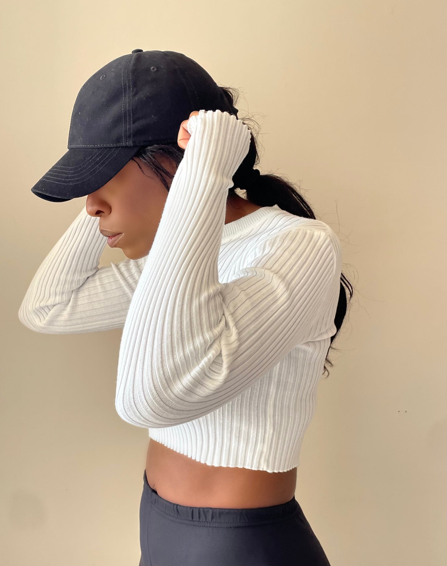 Model wearing Ribbed Knit Long Sleeve Crop Top