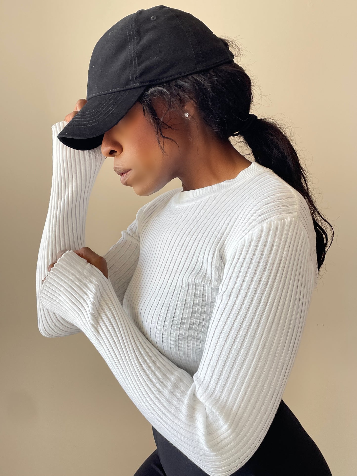Model wearing Ribbed Knit Long Sleeve Crop Top