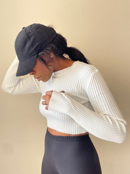 Model wearing Ribbed Knit Long Sleeve Crop Top