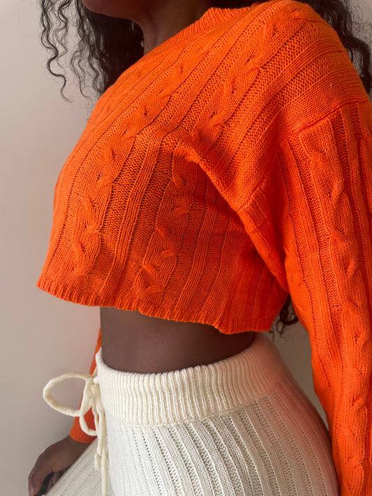Side front Orange Cropped Long Sleeve Sweater