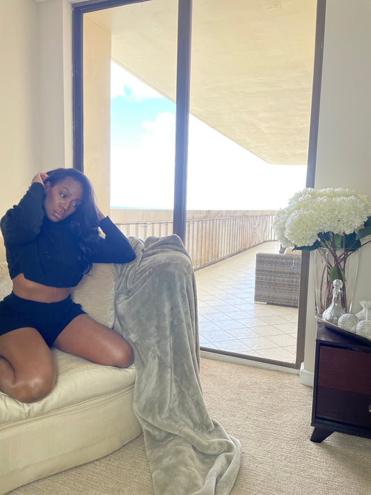 model wearing Cropped Long Sleeve Sweater, Front black, size small