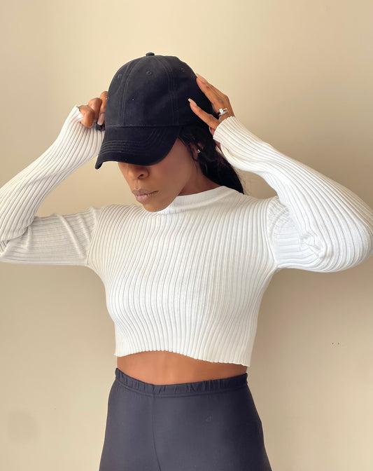 Model wearing Ribbed Knit Long Sleeve Crop Top