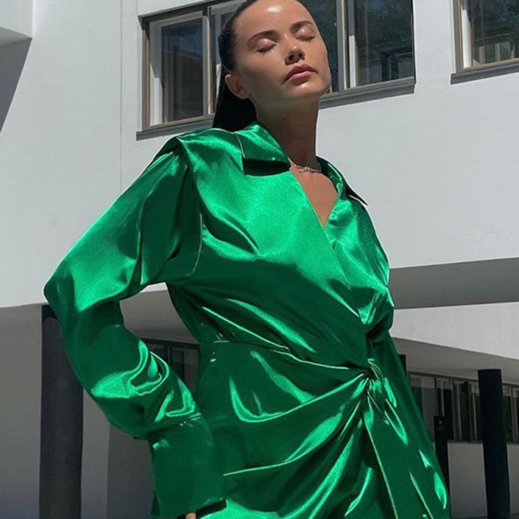 Model wearing Green Satin Shirt Dress in Emerald Green Long Sleeve Wrap Dress
