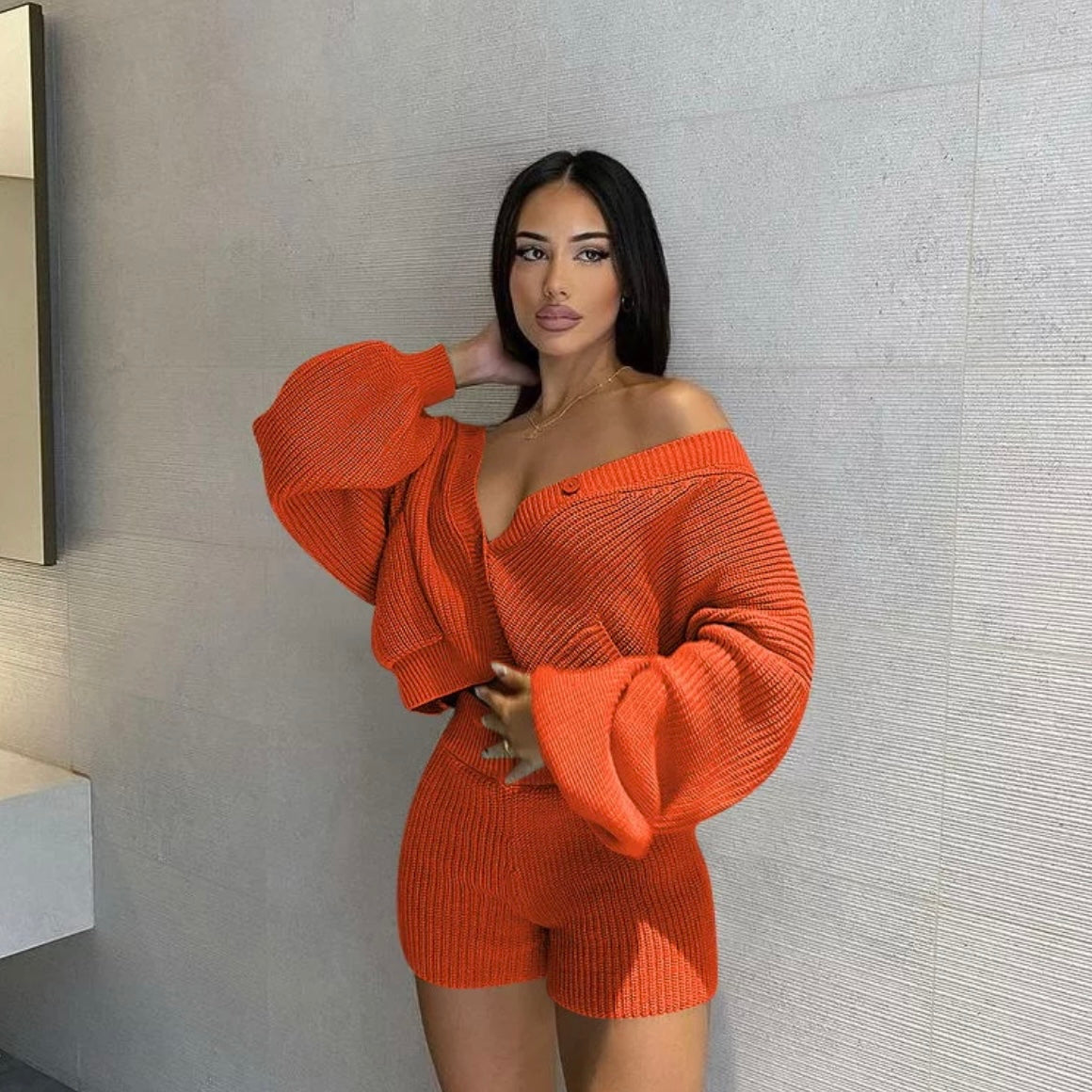 Cozy Doll Knit Sweater Crop Fire Mandarin