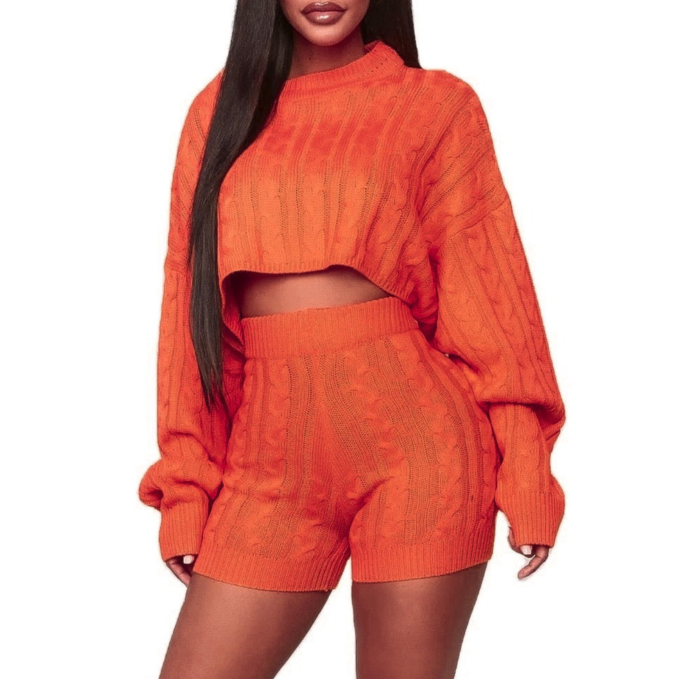 Model wearing 2 piece loungewear set with Knit Shorts