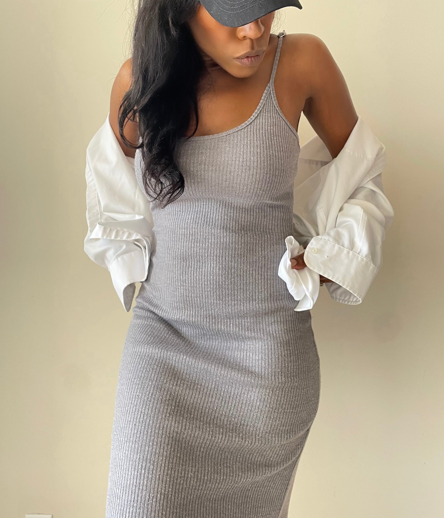 Model wearing Knit Slip Dress Grey