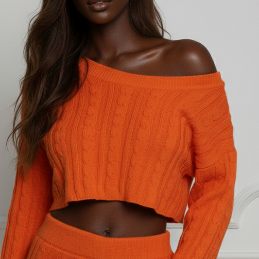 Cropped Long Sleeve Sweater | Homebody Cableknit Crop Sweater Hot Carrot