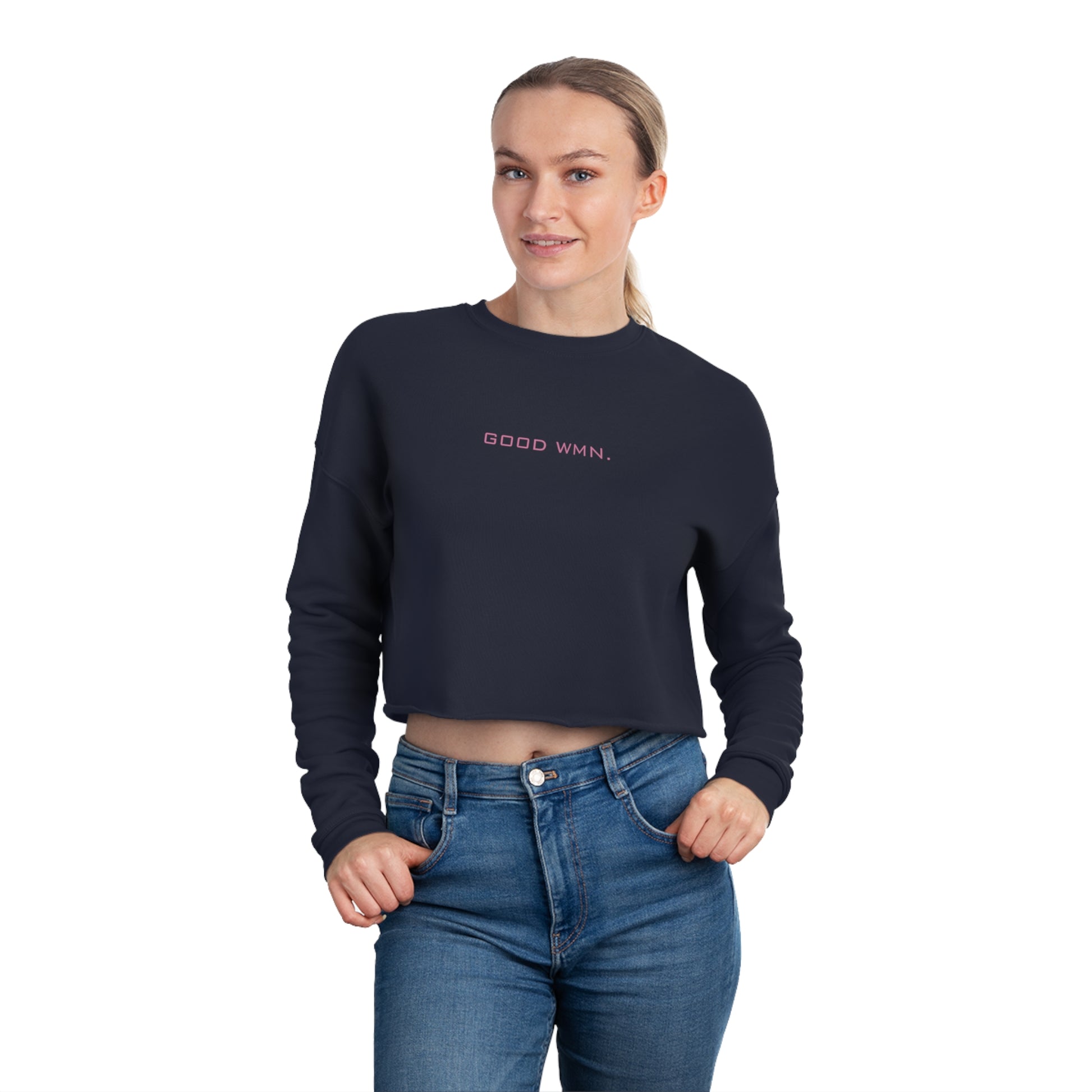 Standing model in GOOD WMN sweatshirt cropped sweatshirt in black