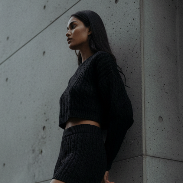 Cropped Long Sleeve Sweater | Homebody Cableknit Crop Sweater Black