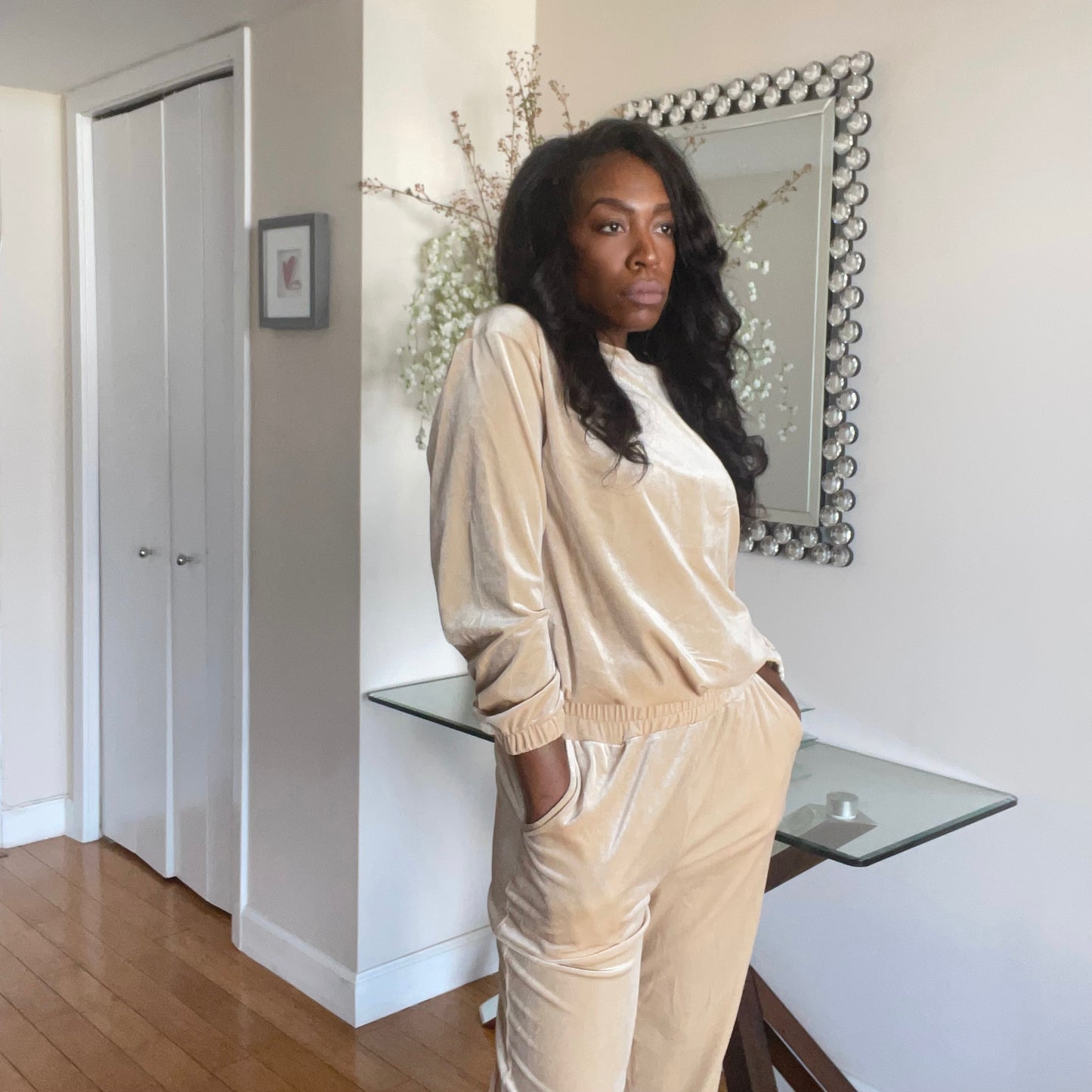 Model wearing Velvet Lounge Sweatpants