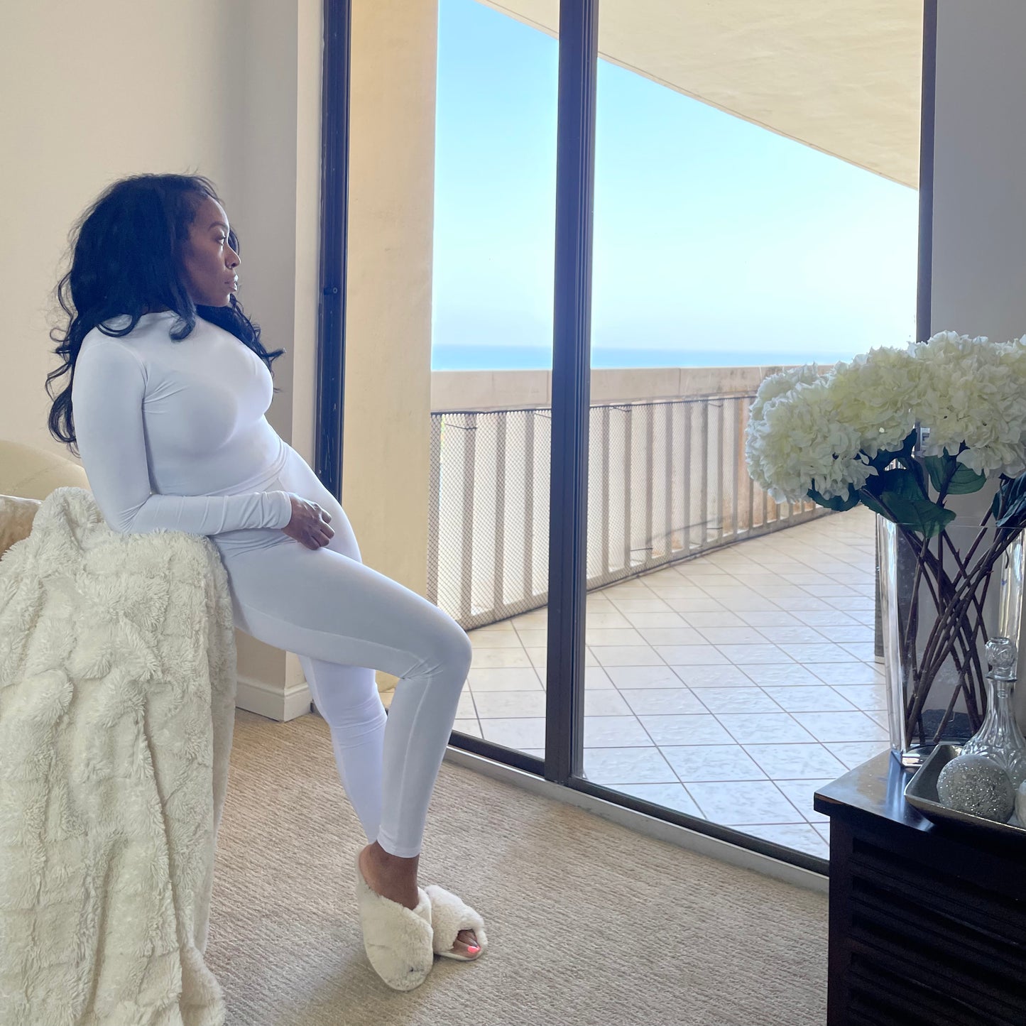 Model by ocean view Mock Neck Stretchy Long Sleeve Crop Top White EveryDay Stretch Fitted Crop