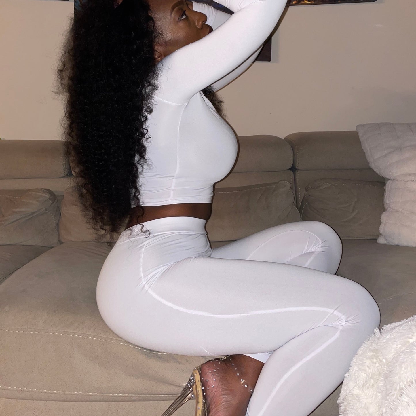 Model wearing Mock Neck Stretchy Long Sleeve Crop Top EveryDay Stretch Fitted Crop