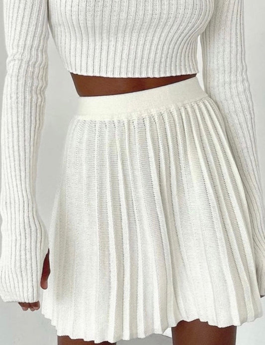 Model wearing Pleated White Knit and top set