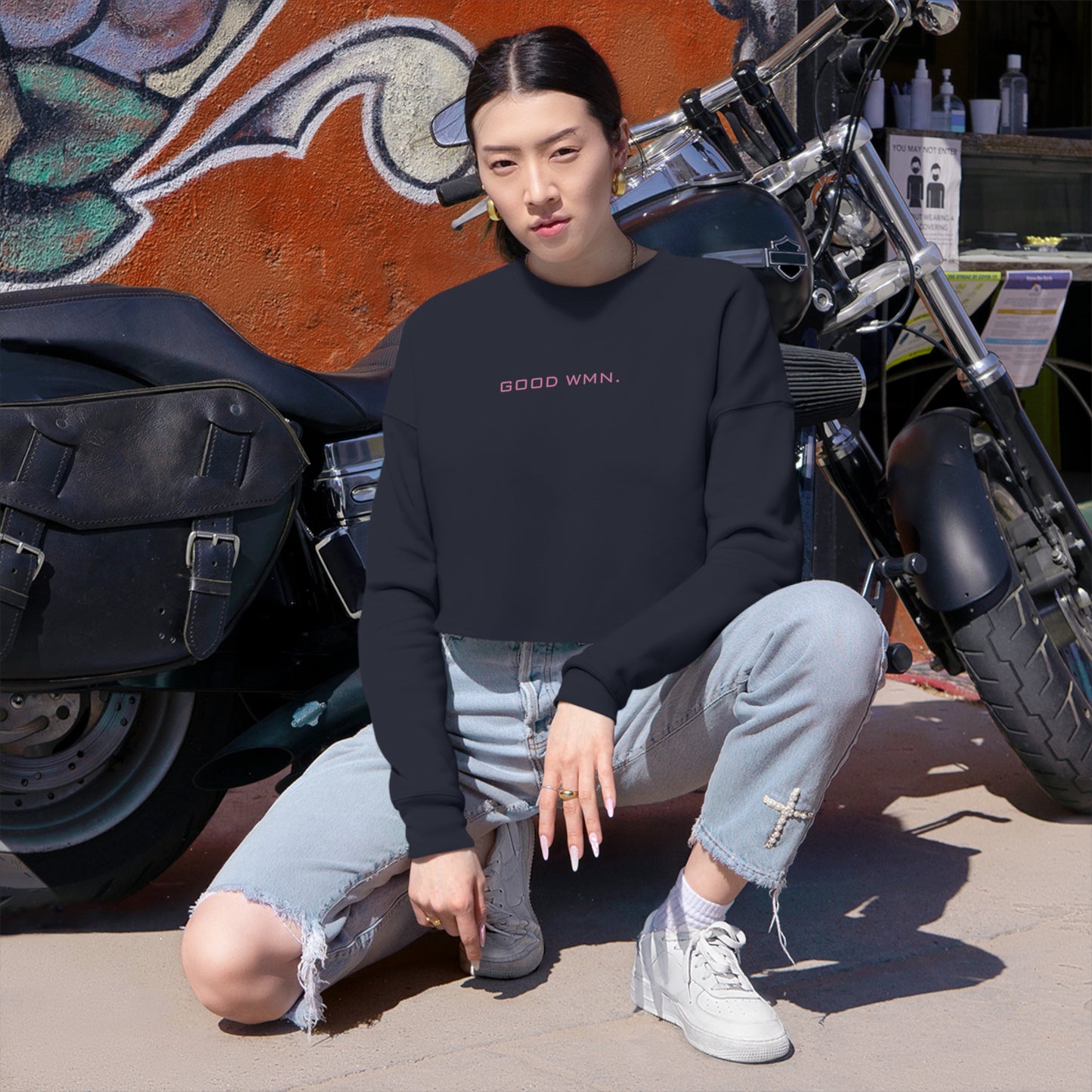 Model wearing GOOD WMN sweatshirt cropped sweatshirt in black