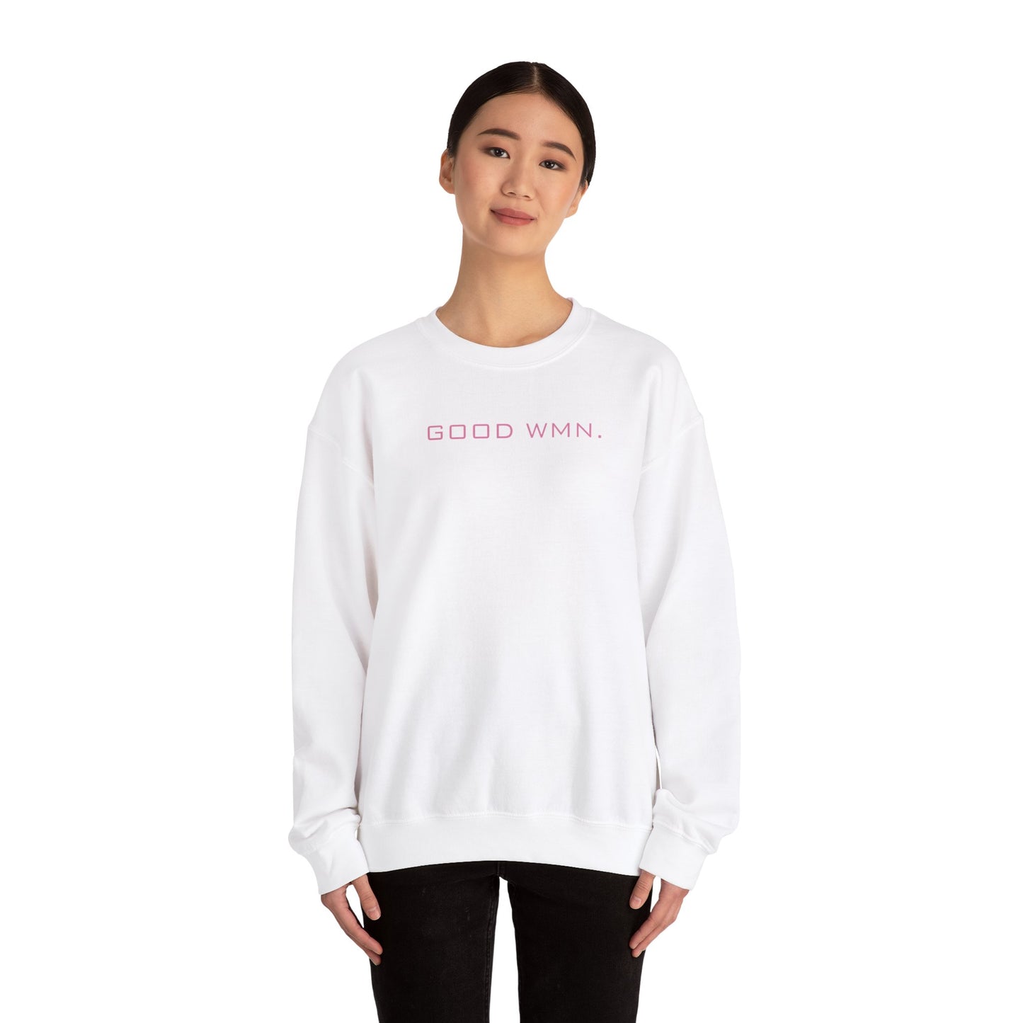 model wearing GOOD WMN Sweatshirt | GOOD Woman Heavy Blend in white