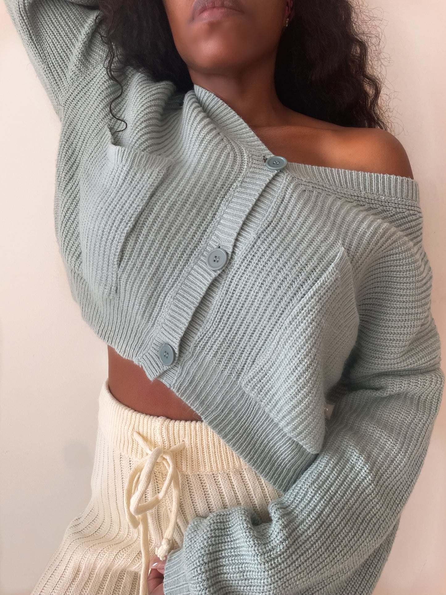 Model wearing Button Up Knit Crop Cardigan Sweater