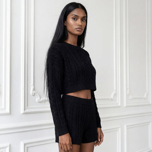 Sculptural Cableknit Crop Sweater | Élan Cableknit Sweater Black