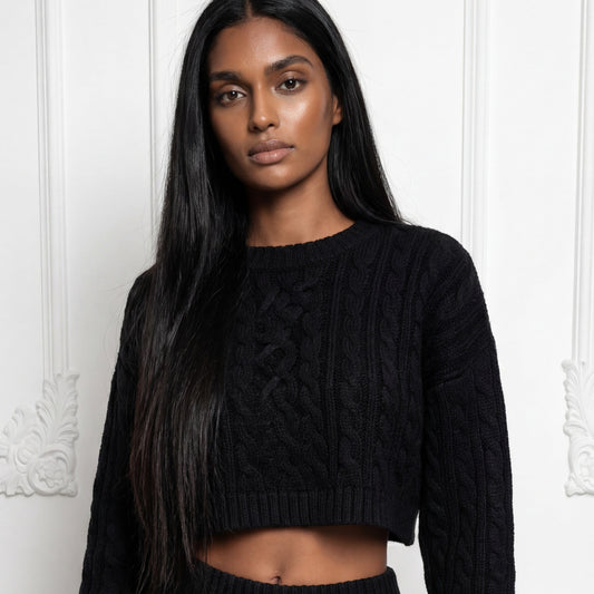 Sculptural Cableknit Crop Sweater | Élan Cableknit Sweater Black