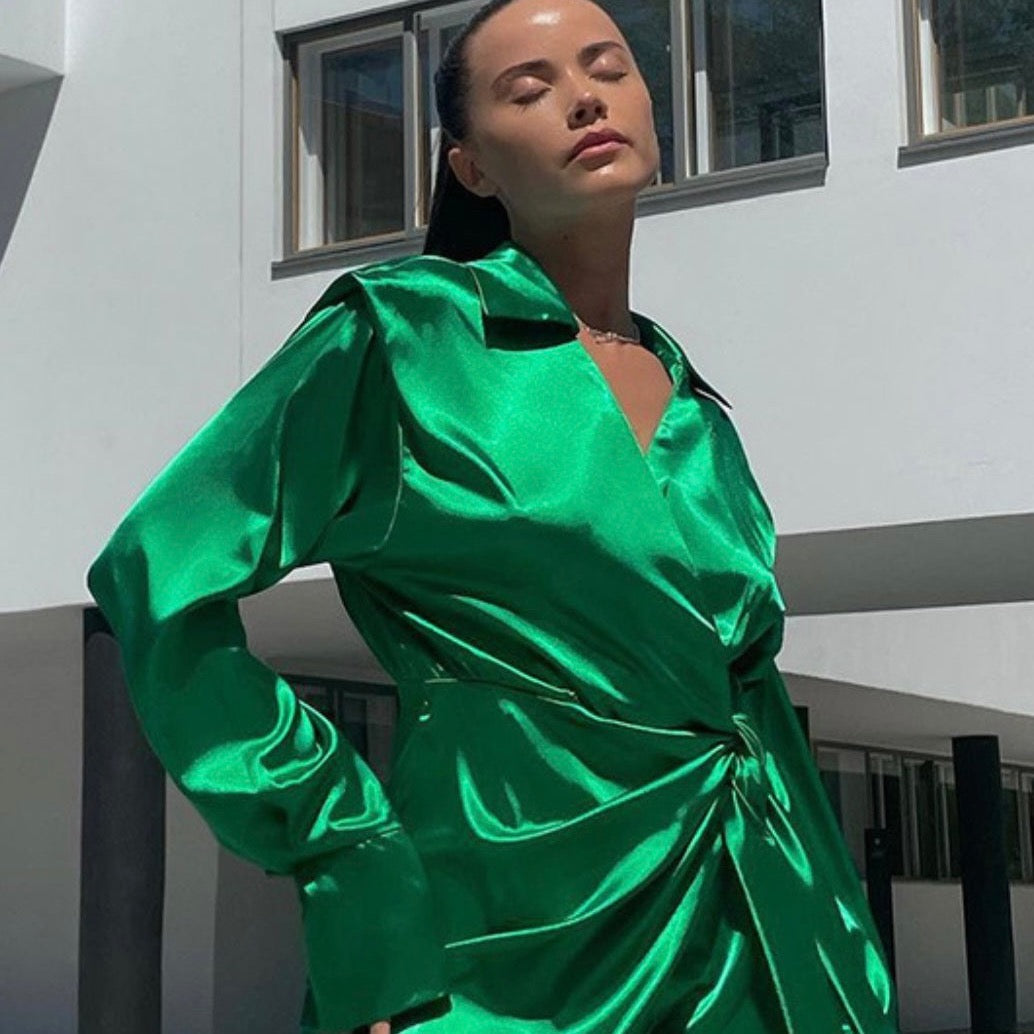 Model wearing Green Satin Shirt Dress in  Emerald Green Long Sleeve Wrap Dress