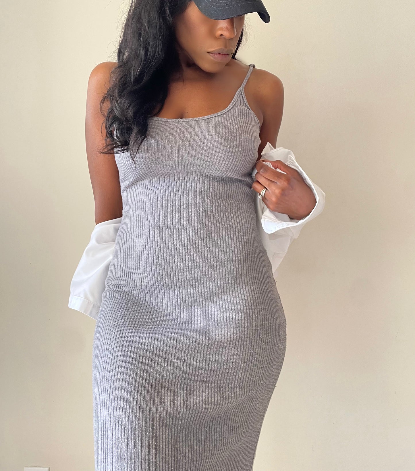 Model wearing Grey Knit Slip Dress