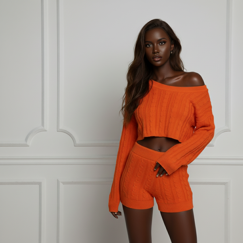 Cropped Long Sleeve Sweater | Homebody Cableknit Crop Sweater Hot Carrot