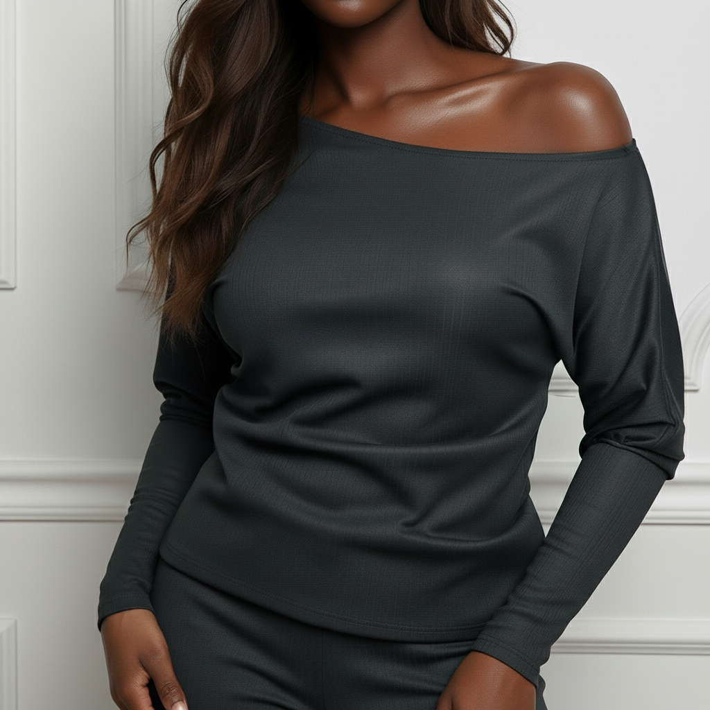Asymmetrical Shoulder Top | Soire Ribbed Long Sleeve Top Black