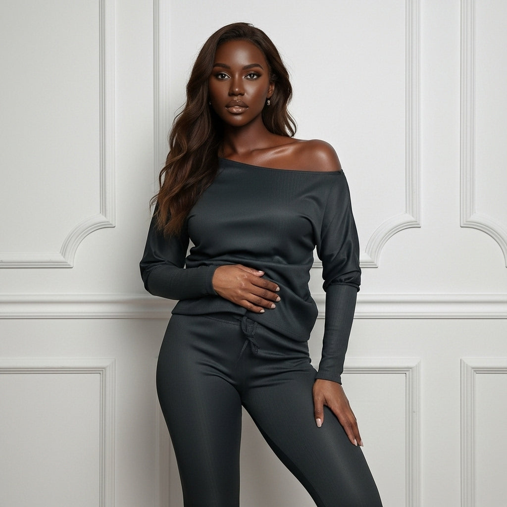 Asymmetrical Shoulder Top | Soire Ribbed Long Sleeve Top Black