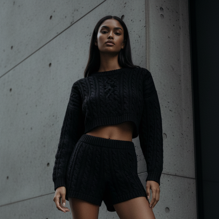 Cropped Long Sleeve Sweater | Homebody Cableknit Crop Sweater Black