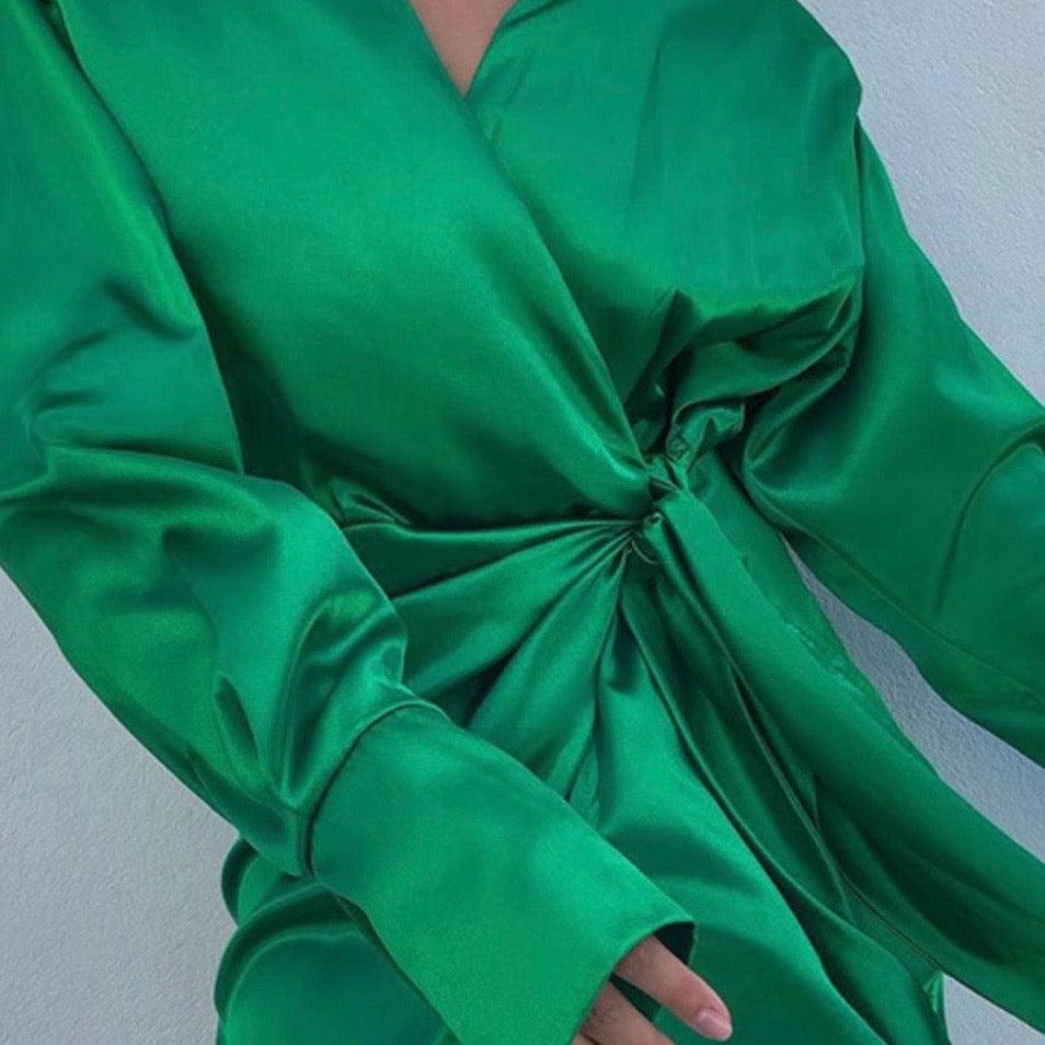 Model wearing Green Satin Shirt Dress