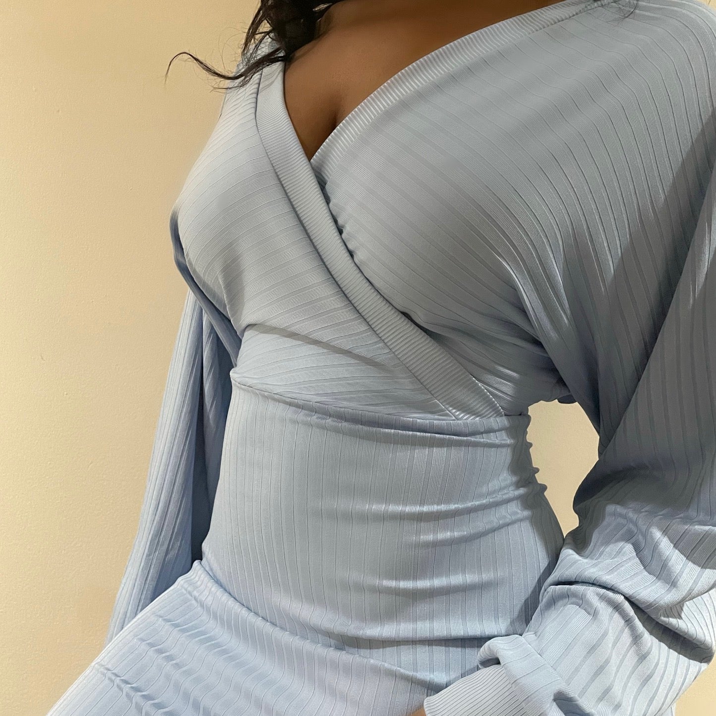 Close up view of Ribbed Surplice Open Back BodyCon Dress