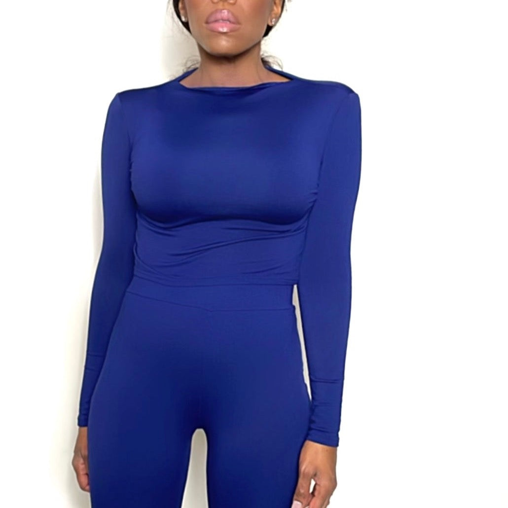 Mock Neck Stretchy Long Sleeve Crop Top | EveryDay Stretch Fitted Crop-Deep Blue