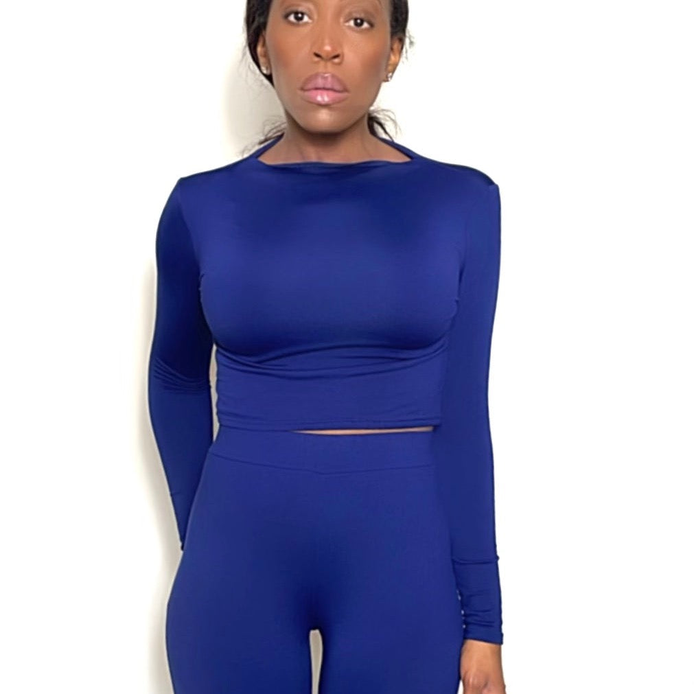 Mock Neck Stretchy Long Sleeve Crop Top | EveryDay Stretch Fitted Crop-Deep Blue